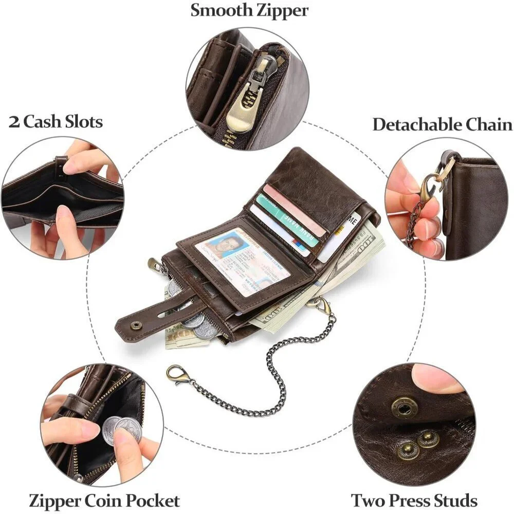 ✨Men Brown Chain Wallets Bifold Blocking with Chain Leather with Coin Pocket